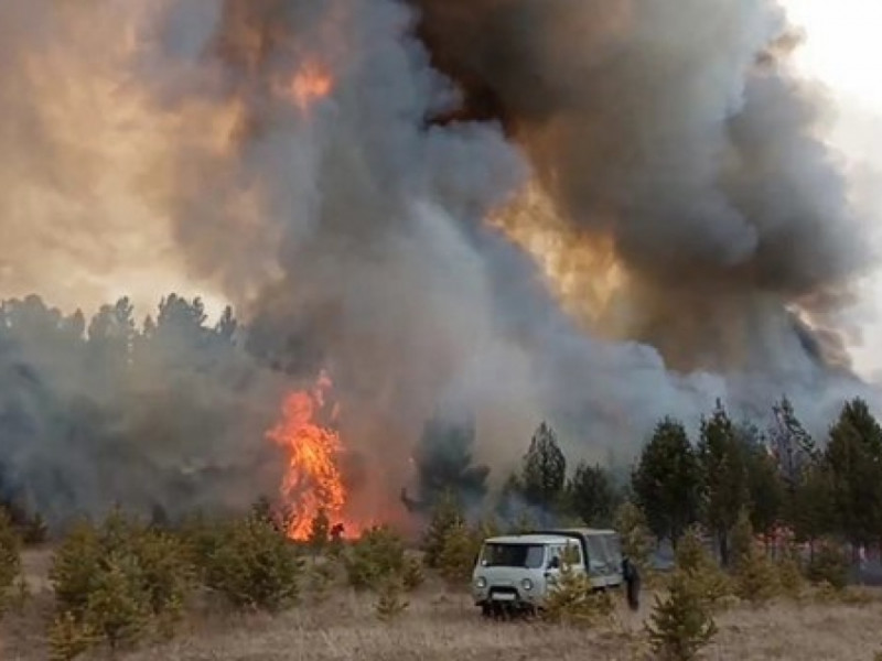 Крупный лесной пожар, который  возник в 10 км от села, тушат в Шилкинском районе Забайкалья