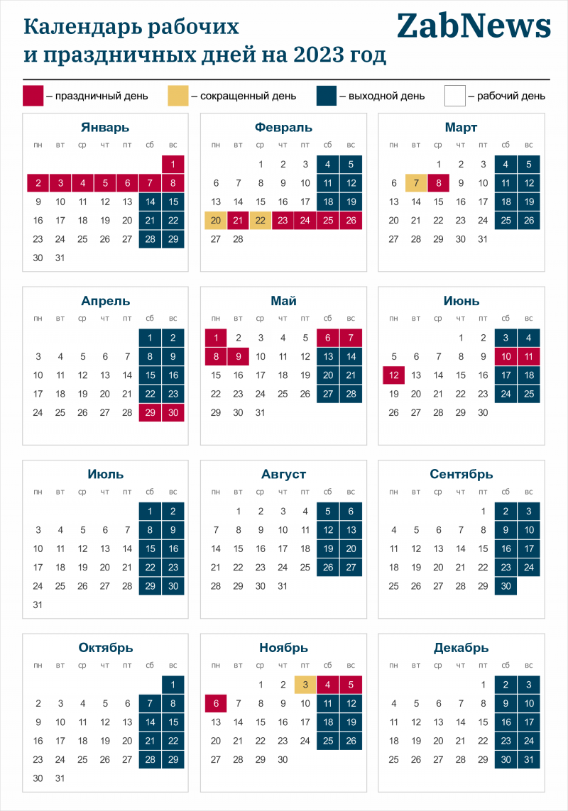 Календарь выходных, нерабочих дней и праздников в Забайкалье на 2023 год